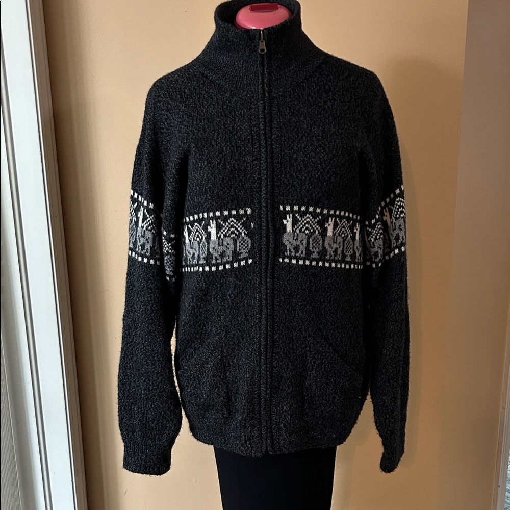 Black Zip-Up Nordic Pattern Alpaca Sweater Jacket